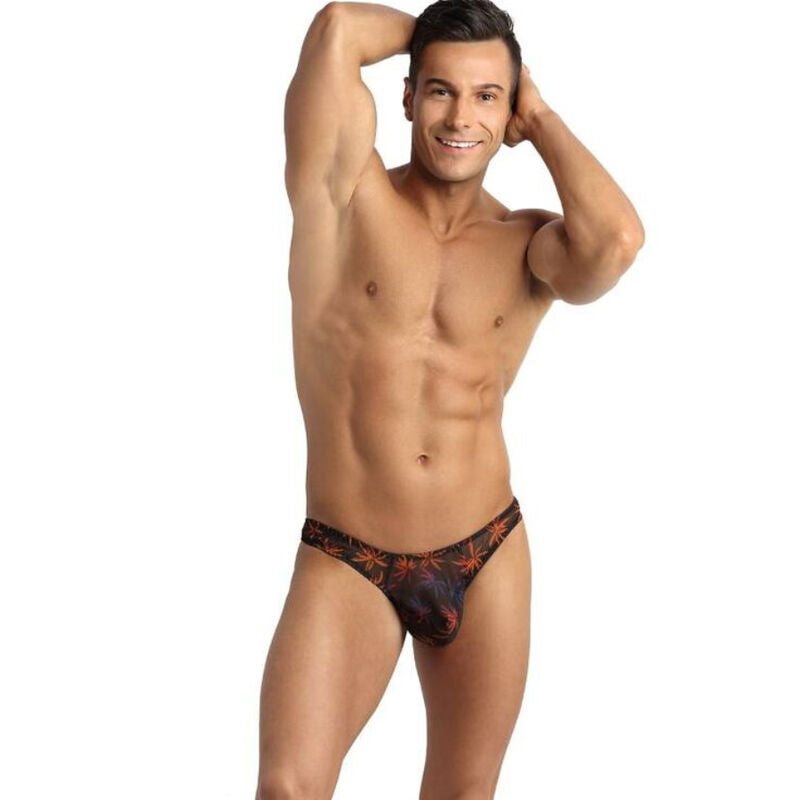 CHILL – Tanga masculina en tul negro con estampado colorido