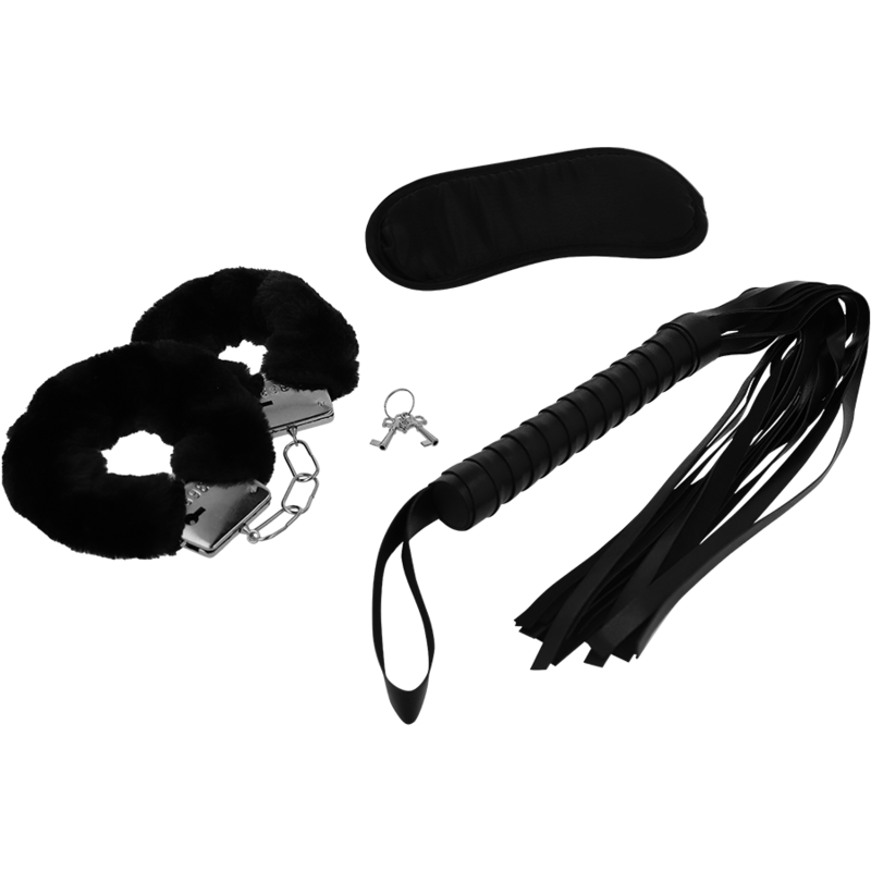 FETISH SET ERÓTICO 1 CON ESPOSAS, ANTIFAZ Y LTIGO DE CUERO VEGANO