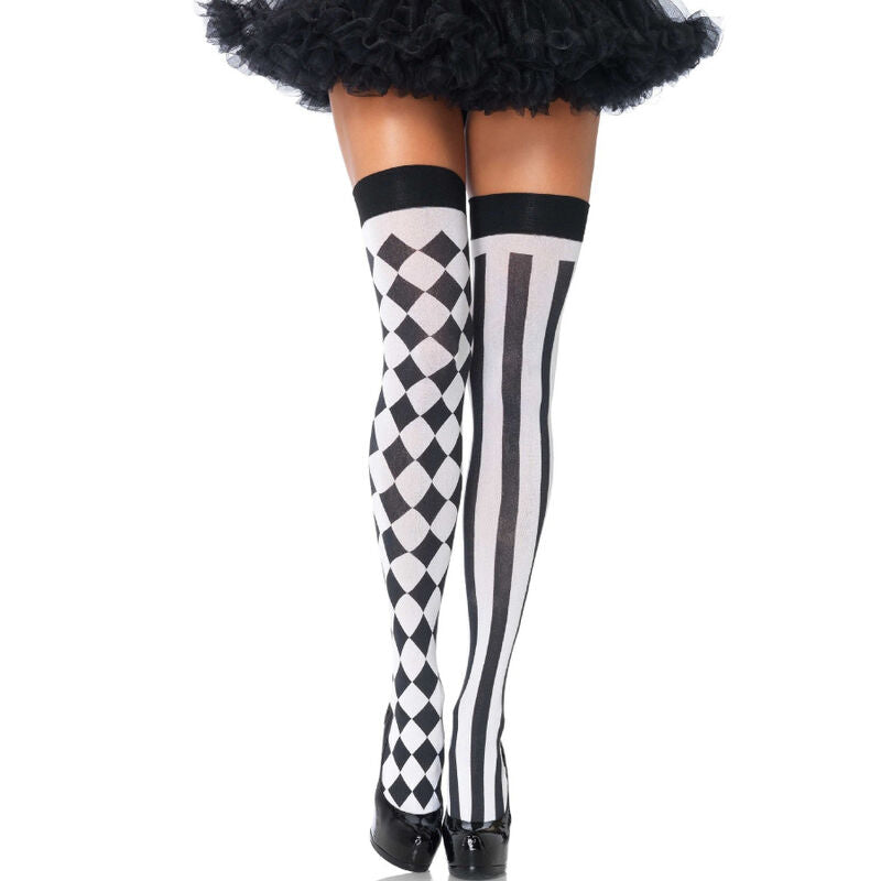 Medias Thigh-High Arlequín en Blanco y Negro – Leg Avenue