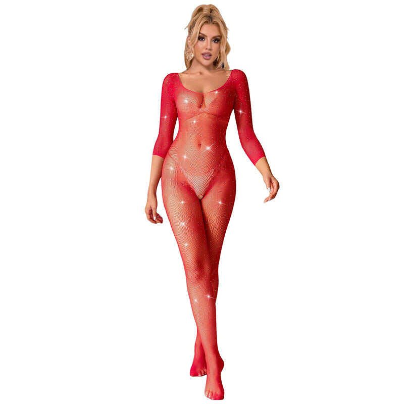 BODYSTOCKING DE REJILLA CON DIAMANTES MANGA LARGA ROJO TALLA ÚNICA