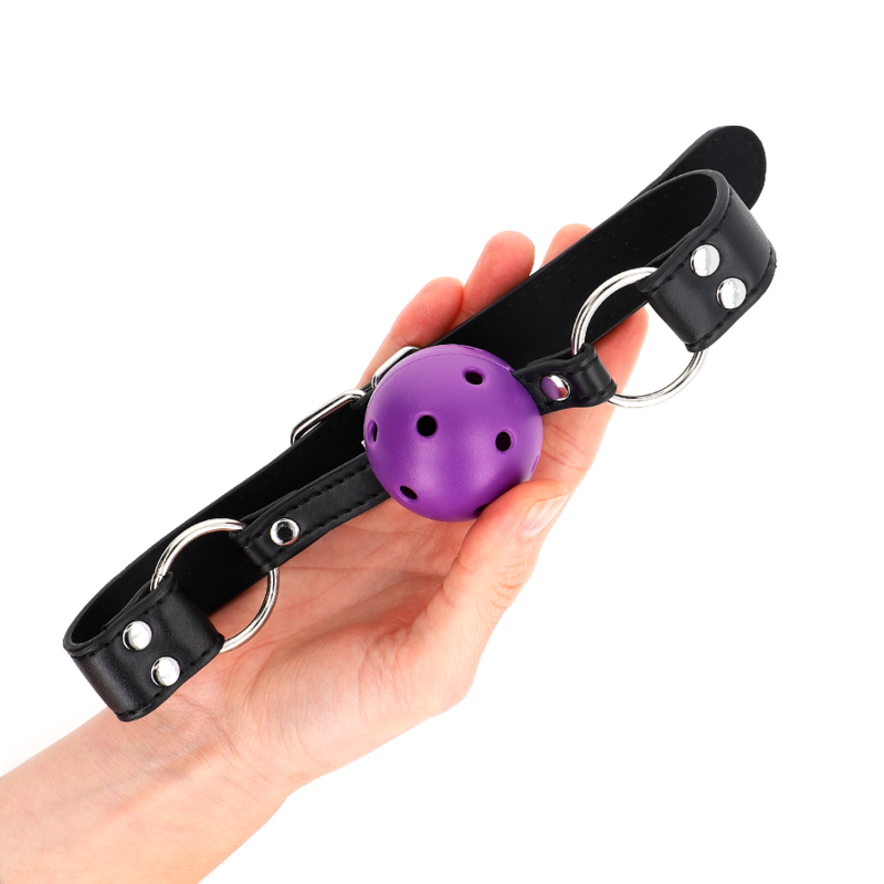 MORDAZA DE BOLA 4 CM TRANSPIRABLE CON DOBLE REMACHE MORADO 62 x 2.5 CM AJUSTABLE 42-58 CM