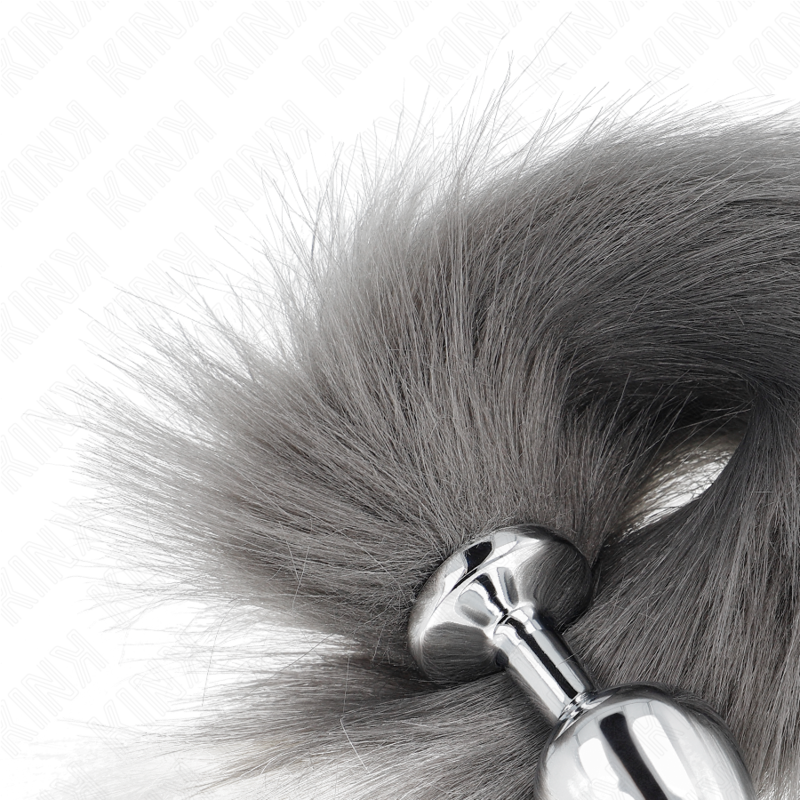 PLUG ANAL TALLA M 8 X 3.5 CM CON COLA SINTÉTICA 40 CM PLATEADO Y BLANCO