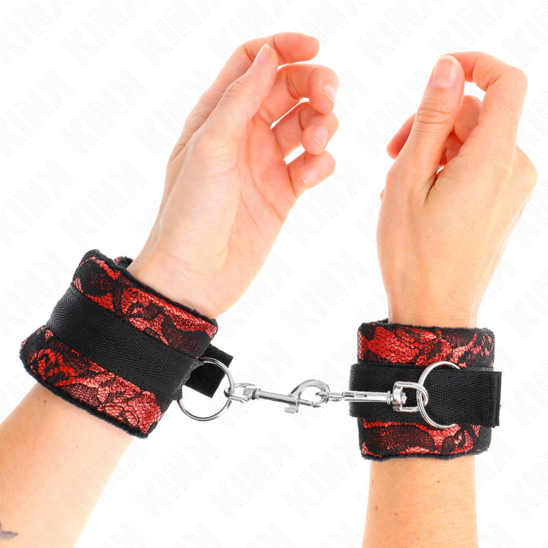 MUÑEQUERAS CORTAS DE ENCAJE TERCIOPELO Y UNIÓN DE NYLON ROJO/NEGRO 23 X 6.5 CM