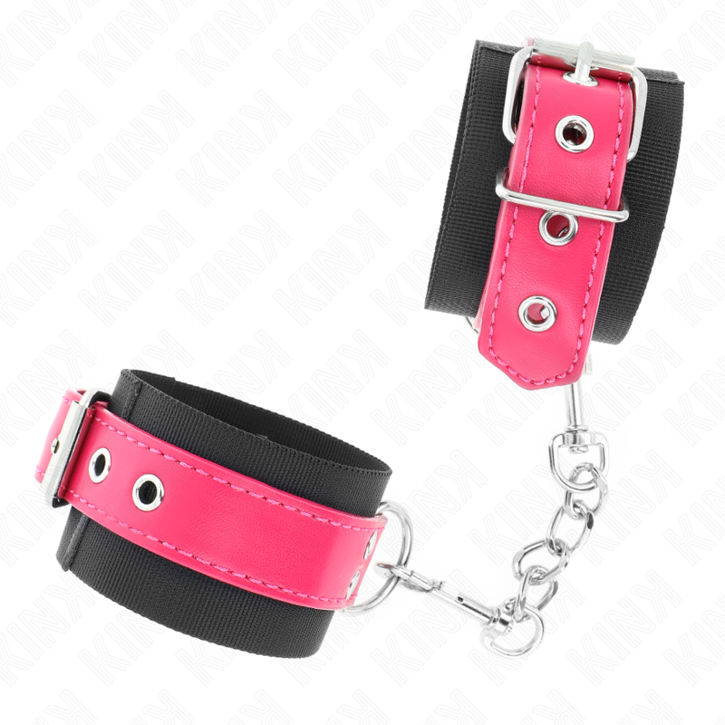 MUÑEQUERAS DE NYLON NEGRO CON CORREA POLIPIEL FUSCIA AJUSTABLE 19-29 CM X 5.1 CM