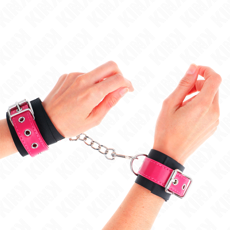 MUÑEQUERAS DE NYLON NEGRO CON CORREA POLIPIEL FUSCIA AJUSTABLE 19-29 CM X 5.1 CM