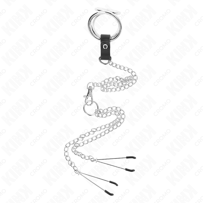 ANILLO PENE TRIPLE METAL CROMADO 3 CM A 4.5 CM CON CADENA METAL 26 CM Y PINZAS PARA PEZONES