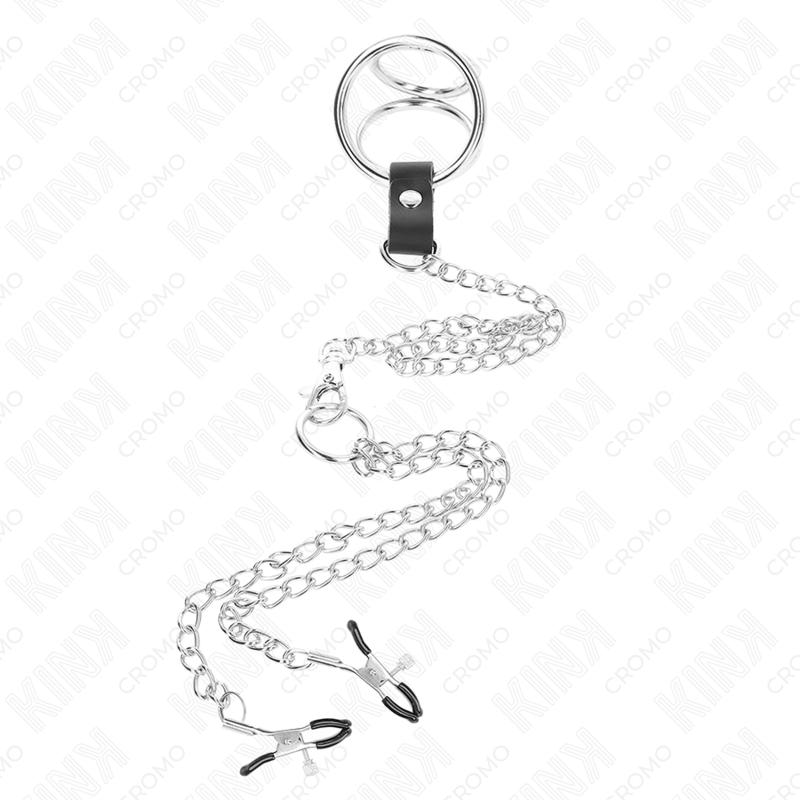 ANILLO PENE TRIPLE METAL CROMADO 3.8 CM A 5 CM CON CADENA METAL 26 CM Y PINZAS PARA PEZONES MODELO 1