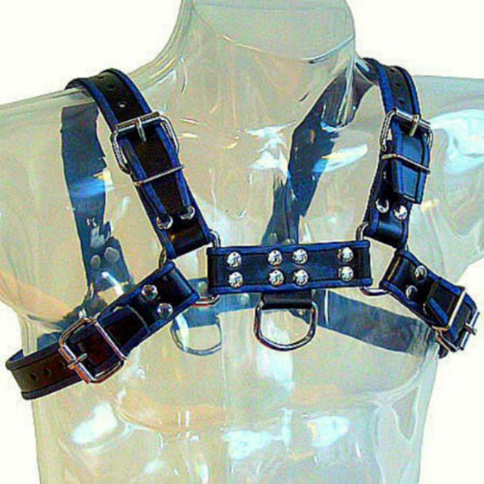 Arnés de Cuero para Hombre | BDSM Enlazado con Cadenas de Metal y Correas Ajustables en Azul y Negro